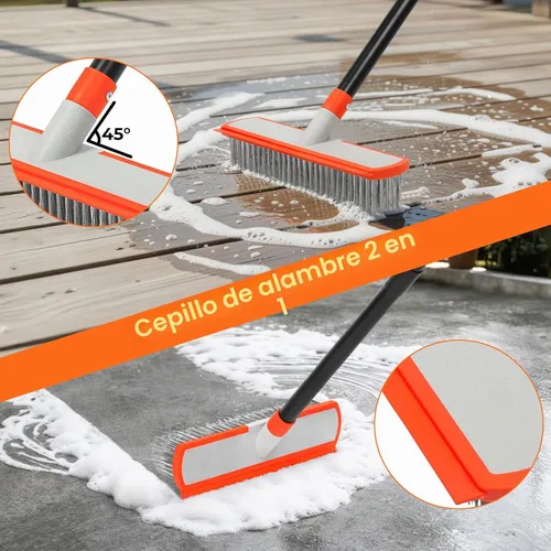 Vista 4 de MAVRIZ Cepillo de hormigón de acero inoxidable con mango largo, cepillo de cubierta resistente para limpieza de concreto, escoba al aire libre