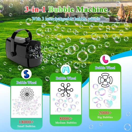 Vista 2 de Wisdomlit Máquina de burbujas, máquina de burbujas 3 en 1, soplador de burbujas con 3 ruedas de burbujas, hace pequeña mediana burbujas grandes