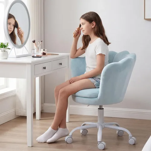 Vista 5 de Silla de escritorio de terciopelo para niños, bonita silla de computadora moderna tapizada, con brazo giratorio, silla de tocador ajustable