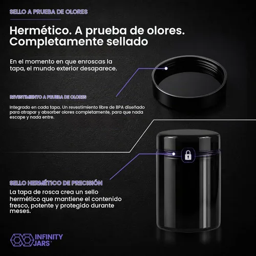 Vista 5 de Infinity Jars – Tarro de 250 ml (8.3 fl oz) alto negro ultravioleta rellenable de cristal con tapón de rosca