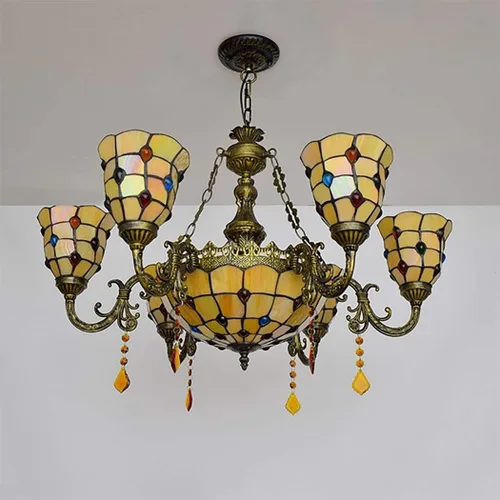 Vista 4 de Tiffany - Lámpara de techo con cuentas de cristal, múltiples cabezales, color amarillo mediterráneo, para comedor, sala de estar, villa, pasillo, 6