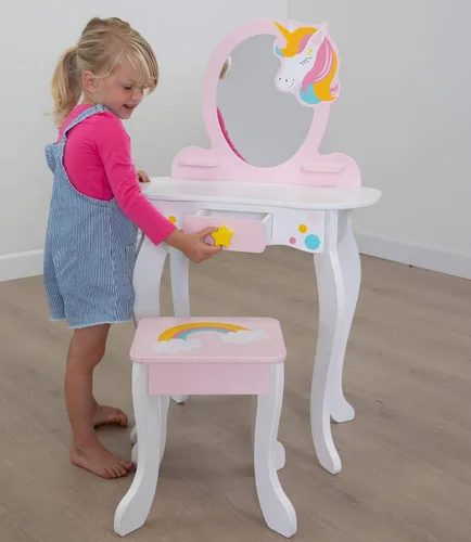 Vista 5 de Fat Brain Toys Unicorn Magic Vanity con espejo y taburete, juego de madera, 3+