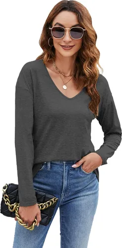 Vista 4 de Sherosa Camisetas de manga larga con cuello en V para mujer, ajuste holgado, estilo casual, color liso, básicas