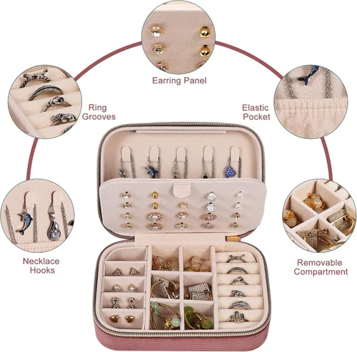 Vista 3 de Dajasan Joyero de terciopelo, pequeño estuche de joyería de viaje, organizador de joyas portátil de viaje para mujeres y niñas (rosa)