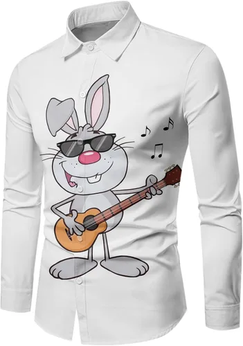 Vista 2 de Camisa de Pascua para hombre, camisas de manga larga con botones para hombre, camisa de vestir casual hawaiana de verano, camisas de playa