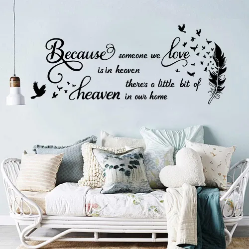Vista 4 de SUPERDANT Calcomanías de pared con texto en inglés "Porque alguien que amamos está en el cielo hay un poco de cielo en nuestro hogar", calcomanías