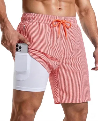 Vista 25 de Bañador para hombre con forro de compresión de 7 pulgadas B-rayas azul-blancas