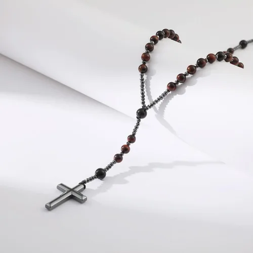 Vista 4 de Yumikoo Collar de cuentas de rosario de crucifijo de Jesús para hombres y mujeres, collar de cruz de hematita y ágata negra mate
