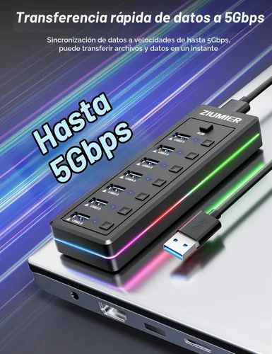 Vista 3 de Hub USB con tira de LED RGB,Divisor USB de 7 puertos para PC,Juegos USB 3.0 Hub Data Transfer - Individual LED On/Off Switches for Laptop, PC