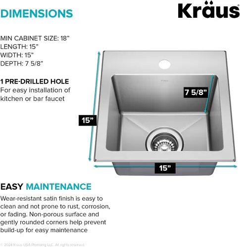 Vista 9 de KRAUS Fairlane KHT631-15 - Fregadero de cocina o bar, 15 pulgadas, montaje directo/superior, cuenco individual, de acero inoxidable de calibre 18