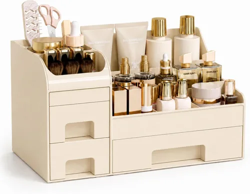 Vista 10 de Organizador de maquillaje extra grande para tocador, organizador de encimera con cajones y soporte para cepillos, organizador de colonia para hombre