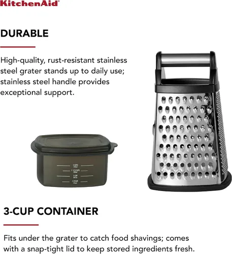 Vista 3 de KitchenAid Gourmet - Rallador de caja de acero inoxidable de 4 lados para rejilla fina, media y gruesa, contenedor de almacenamiento desmontable