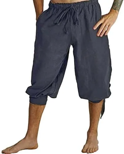Vista 2 de GRAJTCIN Pantalones cortos de disfraz de pirata medieval para hombre, pantalones de cosplay renacentistas vikingos con cordones