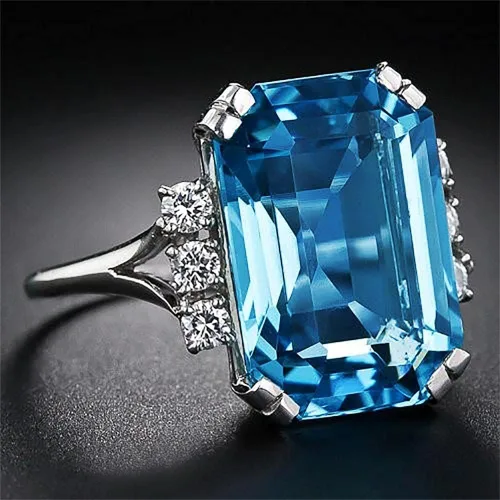 Vista 2 de Anillo de Plata de Ley 925 Brillante con Gemas de Diamante Completo Anillo de Circonia Cúbica Azul Anillos CZ Diamante Anillo de Múltiples Filas