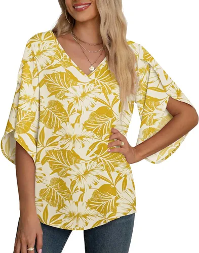 Vista 41 de Blusas de gasa con mangas 3/4 arrugadas de otoño para mujer de Jouica 01amy Verde