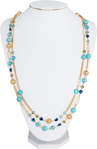 Vista 3 de Bocar Collar de cuentas, collar de cadena de eslabones largos de 2 capas, cuentas de cristal para mujer, gargantilla, regalo de joyería