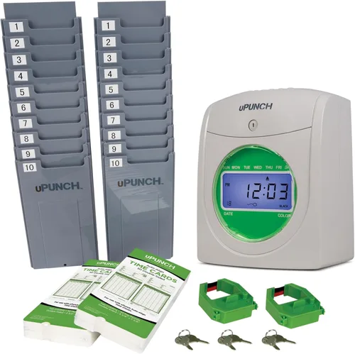 Vista 8 de uPunch HN1500, paquete inicial de reloj registrador para pequeñas empresas: sistema de reloj de punzonado para empleados con 100 tarjetas, estante