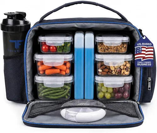 Vista 13 de ThinkFit Lonchera térmica para comida preparada con 6 contenedores para porciones de alimentos sin BPA, reutilizables, aptos para microondas y Negro