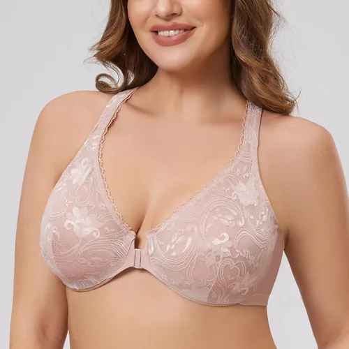 Vista 4 de MELENECA Brasier de encaje sin forro con espalda cruzada para mujer, talla grande, cierre frontal