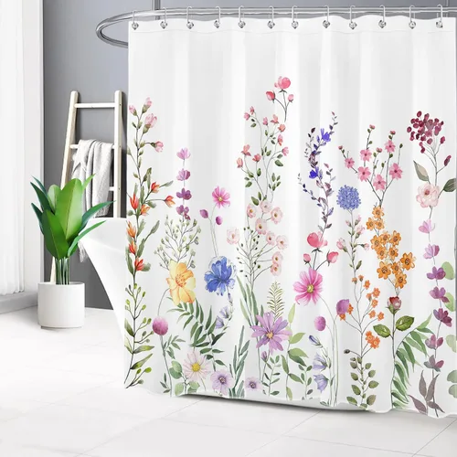 Vista 10 de Cortina de ducha con diseño bohemio de plantas y flores de acuarela sobre fondo beige, cortina de ducha de baño con hojas naturales, cortina