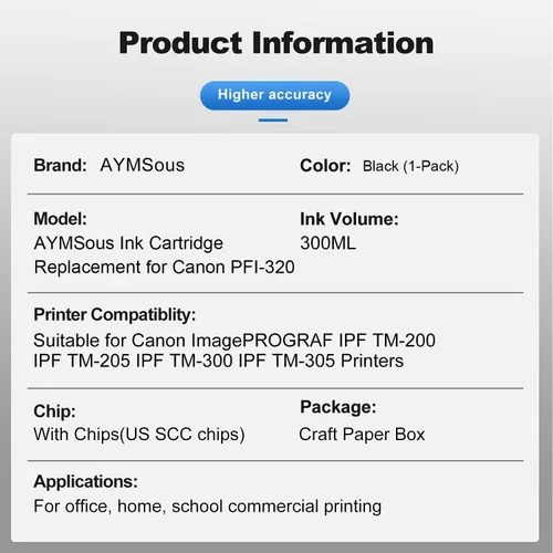 Vista 2 de Cartucho de tinta compatible de repuesto para Canon PFI-320 PFI320 PFI-320BK PFI320BK 300ML para Canon imagePROGRAF IPF TM-200 IPF TM-205 IPF TM-300