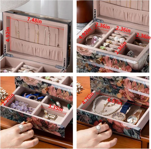 Vista 6 de Joyero de cristal con patrón floral, organizador de joyas de 3 niveles para mujeres y niñas, cajas decorativas de regalo de joyería, organizador