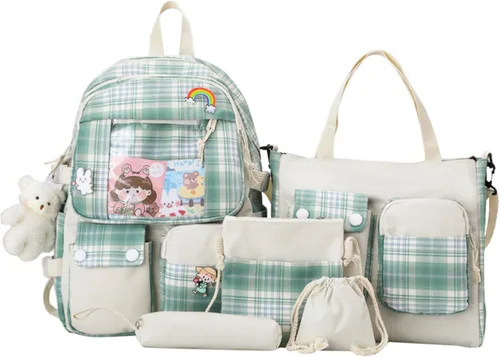 Vista 3 de Juego de 5 mochilas kawaii con pines Kawaii y accesorios, mochila estética para mujer, bonita mochila para laptop, Azul, Mochila, simple