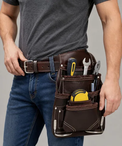 Vista 2 de Genuine Leather Tool Pouch Bag with 2'' Work Belt Included for Handyman, Construction, Carpenter, Farmers with 10 Pockets 2 Hammer Holders