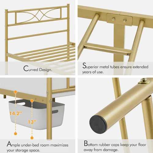 Vista 4 de Yaheetech Base de cama de metal individual, base de cama con plataforma, base de colchón con cabecera y estribo de diseño curvo, soporte resistente