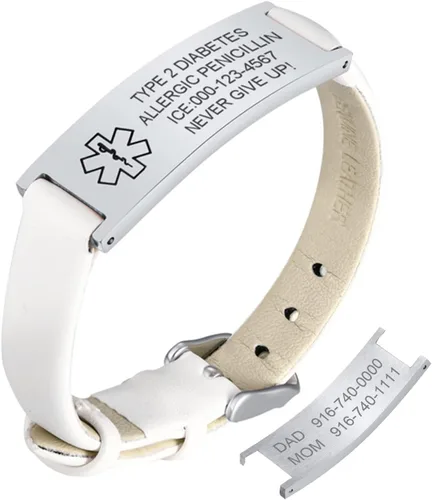 Vista 59 de MPRAINBOW Pulsera de alerta médica personalizada para mujer, correa de reloj de cuero genuino, grabado de doble cara, diabetes, epilepsia, joyería
