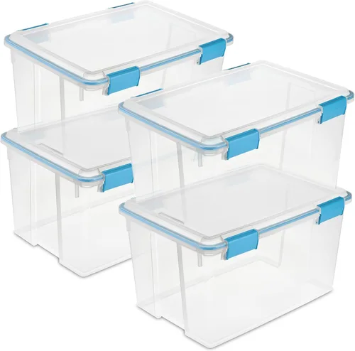 Vista 19 de Sterilite 19414306 - Caja de almacenamiento de plástico transparente de 7.5 cuartos y tapa con pestillos azules