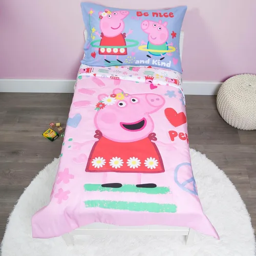 Vista 2 de Peppa Pig Be Nice & Kind - Juego de ropa de cama infantil de 4 piezas, incluye edredón, juego de sábanas, sábana bajera y sábana superior + funda