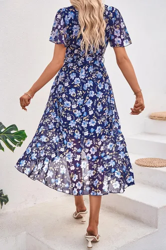 Vista 2 de PRETTYGARDEN - Vestido floral para mujer estilo bohemio, cruzado, con cuello en V, manga corta, con cinturón, dobladillo con volantes, acampanado
