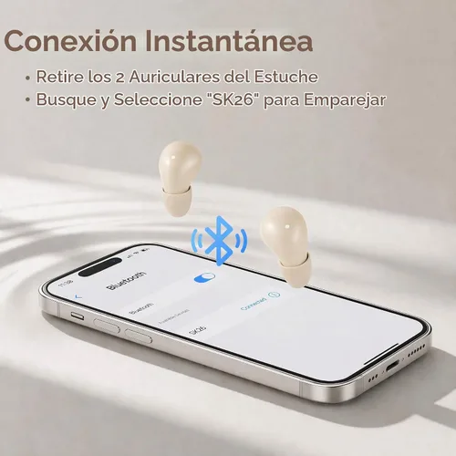 Vista 7 de Mini auriculares Bluetooth invisibles, ergonómicos inalámbricos con calidad de sonido premium y emparejamiento automático de un solo paso (beige)
