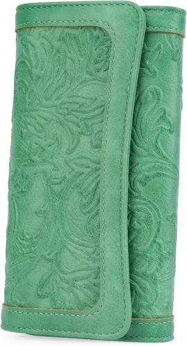 Vista 29 de MEITRUE Cartera de cuero para mujer, con bloqueo RFID, triple pliegue, con relieve, soporte para tarjetas, organizador de chequera para teléfono
