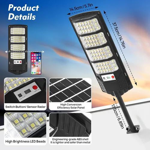 Vista 4 de Luz Solar de Calle al Aire Libre Impermeable, Luz Solar con Sensor de Movimiento, Luz LED Solar del Atardecer al Amanecer para Inundación