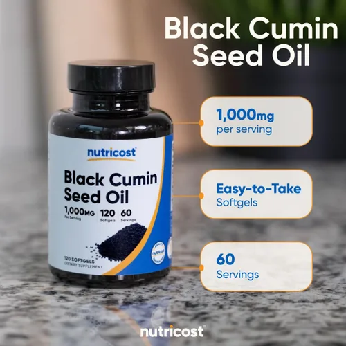 Vista 6 de Nutricost Aceite de semilla negra (comino), prensado en frío, fuente de Omega 3 6 9-120 cápsulas blandas, 1000 mg por porción, 60 porciones, sin OMG