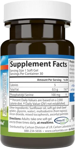 Vista 2 de Carlson - Fosfatidilserina, 100 mg, sin OMG, función cerebral, 30 cápsulas blandas