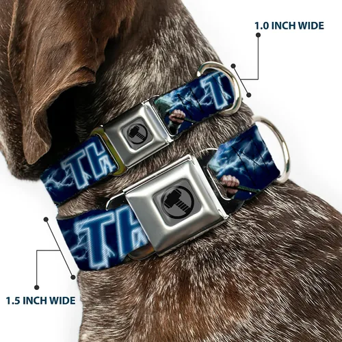 Vista 2 de Collar de perro hebilla para cinturón de seguridad Avengers Thor Hammer Action Pose Galaxy Blues Blanco 9 a 15 pulgadas 1.0 pulgadas de ancho