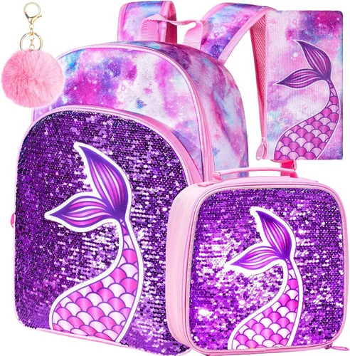 Vista 17 de 3 piezas de mochilas infantiles para niñas, 41 cm, mochila escolar preescolar y lonchera con diseño de unicornio/sirena/flamenco Mochila