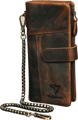 Vista 15 de Genuino Caballo Loco Cuero Regalo de Viaje Moneda Bolsillo Tarjetero Organizador Largo Cadena Rfid Cartera Monedero Con Broche Para Hombres Hombres