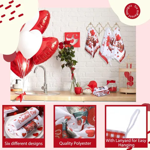 Vista 4 de Patelai 6 toallas de cocina para el día de San Valentín, corazones rojos, a cuadros, camión, té, baño, vacaciones, platos, 21.3 x 14.3 pulgadas