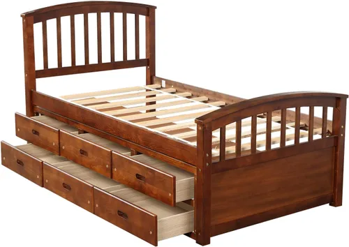 Vista 5 de Merax Cama de almacenamiento de madera maciza con 6 cajones, soporte de listones de madera, no necesita somier