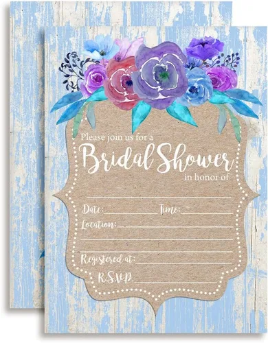 Vista 15 de Amanda Creation Juego de 20 invitaciones de acuarela floral azul, gris y dorado para despedida de soltera, incluye sobres