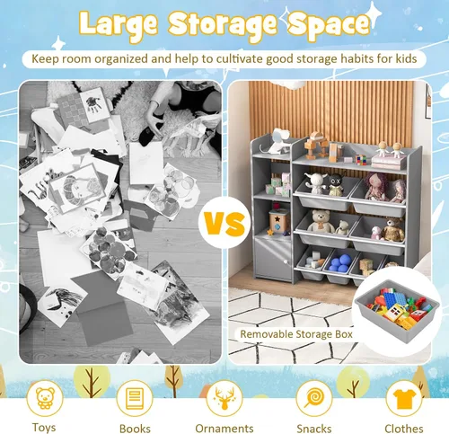 Vista 4 de GLACER Organizador de almacenamiento de juguetes para niños, estante de juguetes de 4 niveles con 8 contenedores de almacenamiento de plástico y Gris