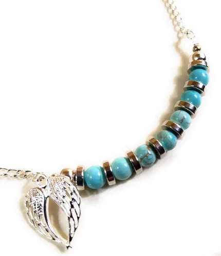 Vista 2 de Angel Wings Heart Boot Bracelet Chain Blue Turquoise Gemstone 15 Inch Adjustable Size Double Clasp Gift Boxed