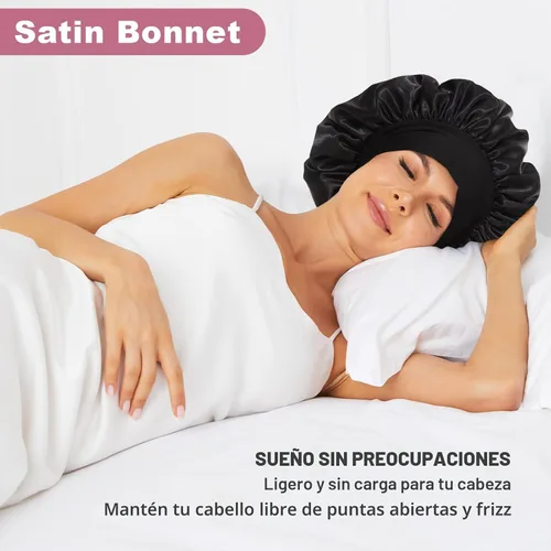Vista 2 de 4 piezas de gorro de satén de seda, gorro de cabello para dormir, gorro de seda elástica de banda ancha para dormir, suave y transpirable Negro