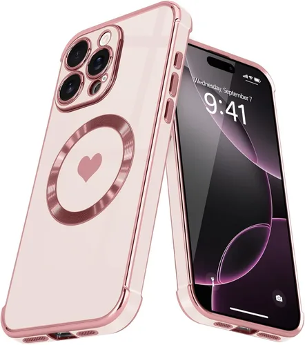 Vista 32 de Funda magnética para iPhone 13, para mujeres y niñas, chapado de lujo, lindo corazón de amor, cubierta trasera suave, protección completa de lente
