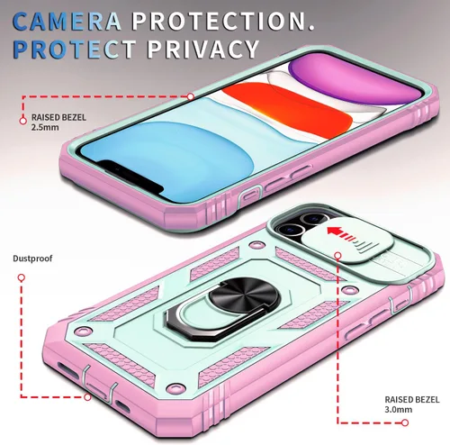 Vista 2 de Funda para iPhone 11, soporte giratorio y cubierta deslizante Verde Rosa