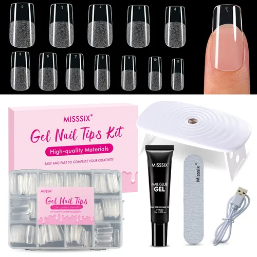 Vista 8 de Misssix Kit de puntas de uñas de gel cortas en forma de almendra, 216 piezas de uñas postizas transparentes pregrabadas, uñas postizas de cobertura